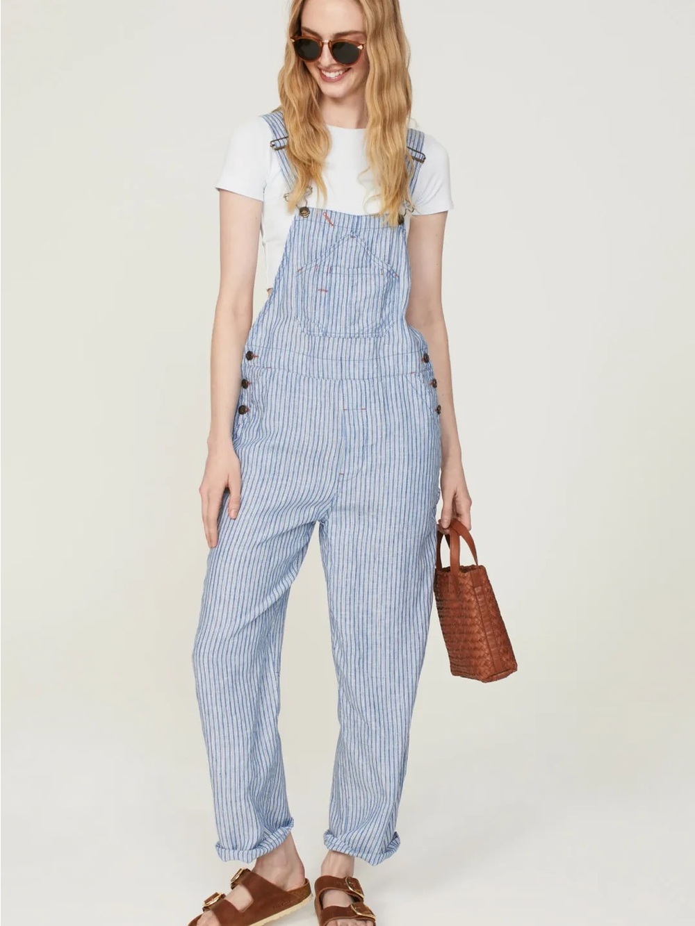 Faherty Blue & White linen railroad stripe Overalls